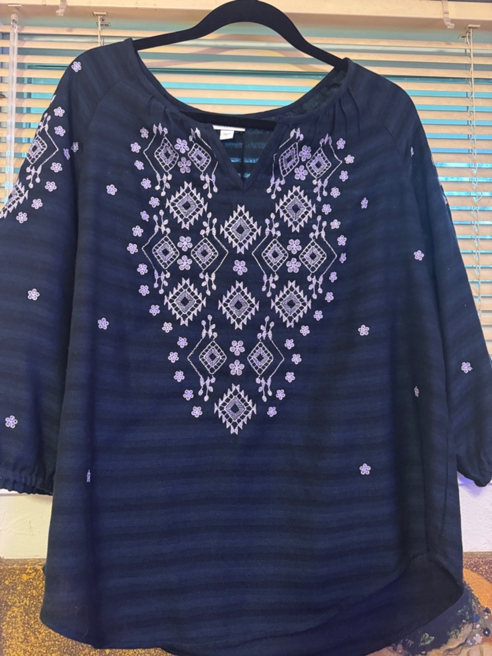 J Jill Embroidered Navy Blue Women's Peasant Top
